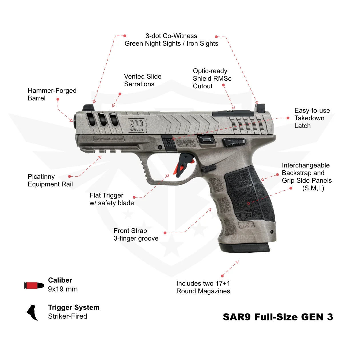 Compliant SAR9 GEN 3, Full-Size Platinum, 9mm Pistol, 10 round